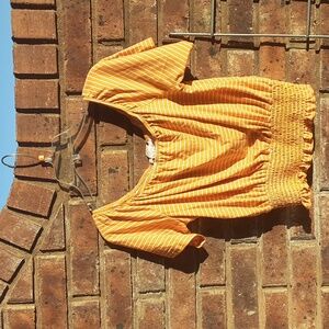 Marci Yellow and white striped crop top. Large.